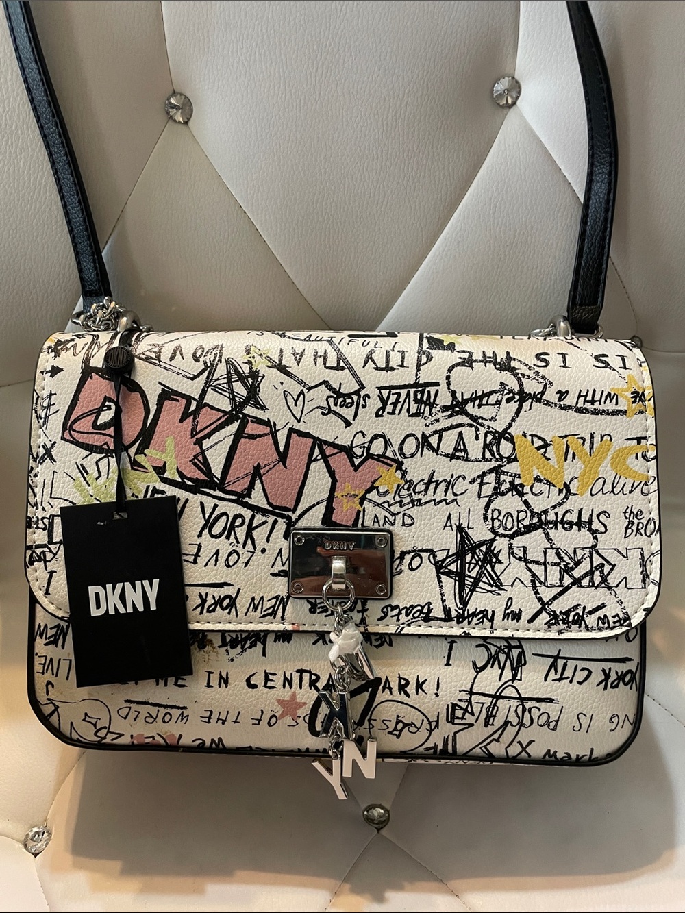 DKNY White Graffiti Shoulder Bag with Pink and Yellow Accents